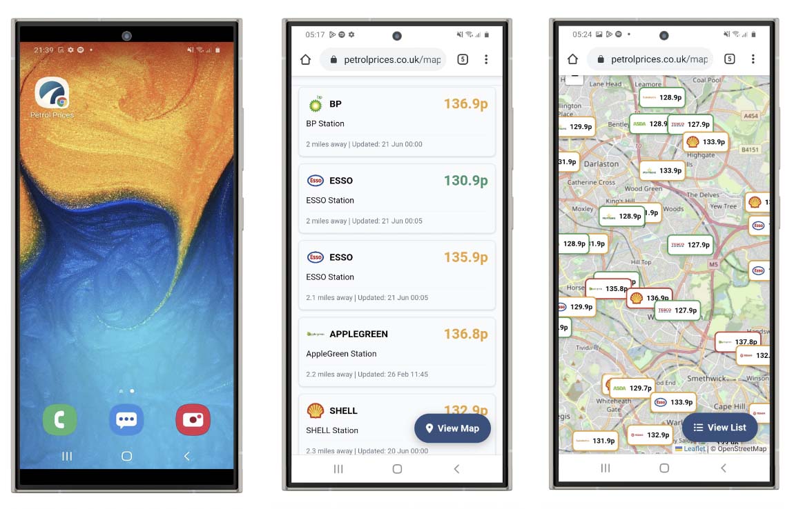 How the PetrolPrices.co.uk web app looks on an Android phone
