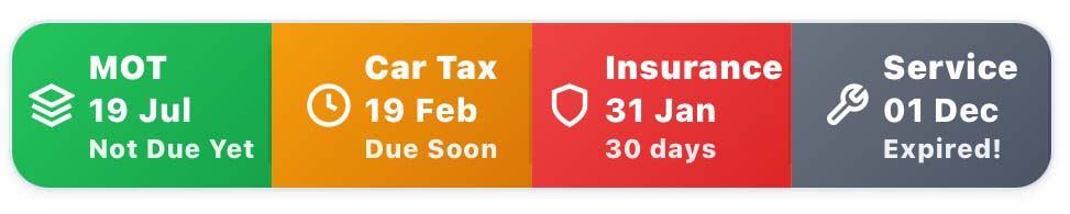 Car reminders showing colour-coded due dates - amber for due soon, red for overdue, green for not due yet