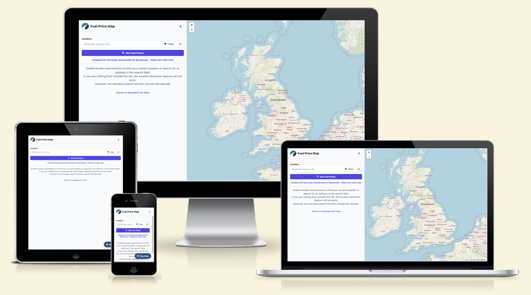 PetrolPrices.co.uk map on various devices