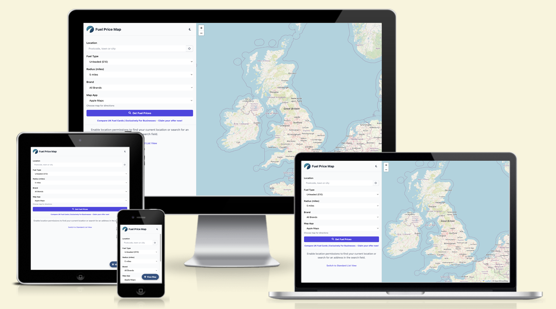 PetrolPrices.co.uk map on various devices