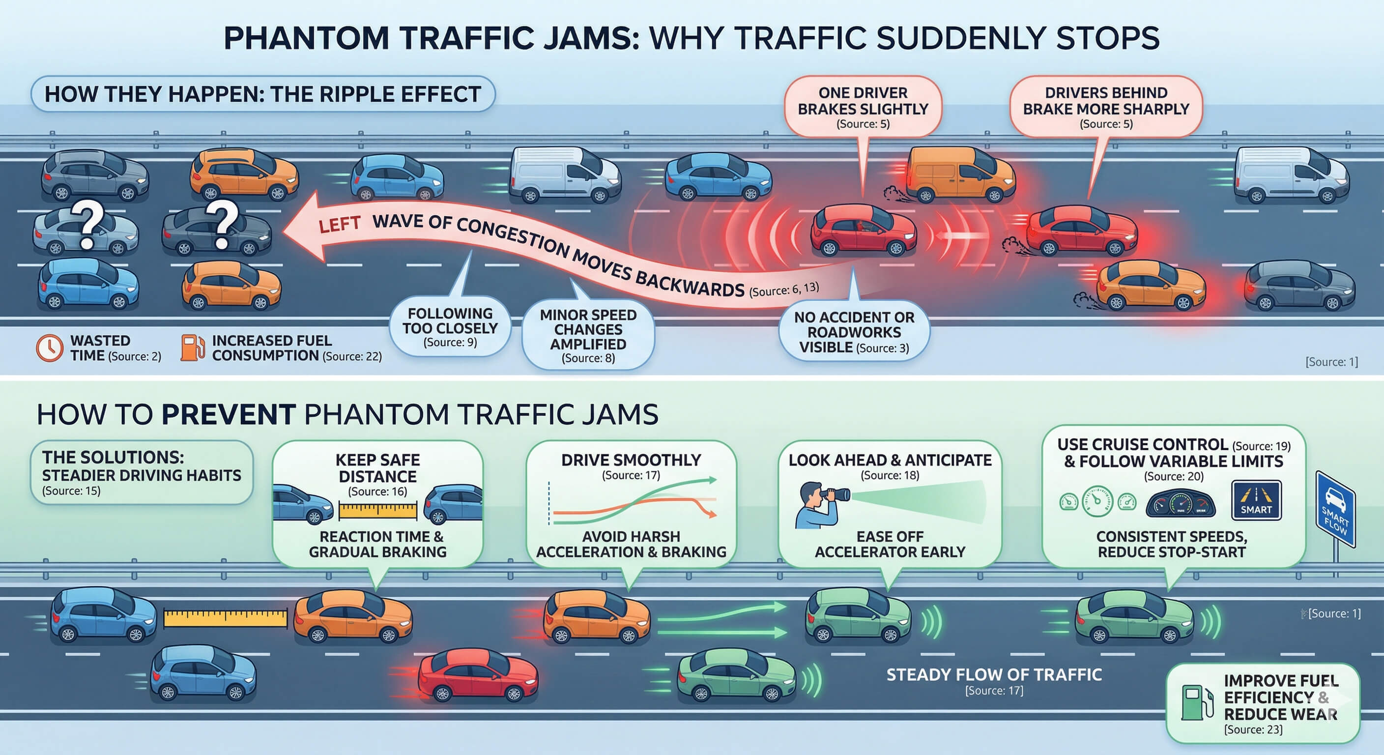 Infographic explaining phantom traffic jams — how they happen through the ripple effect and how to prevent them with steadier driving habits