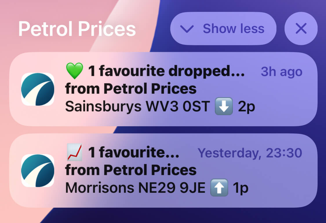 Example of Petrol Prices push notifications showing favourite station price alerts on a phone